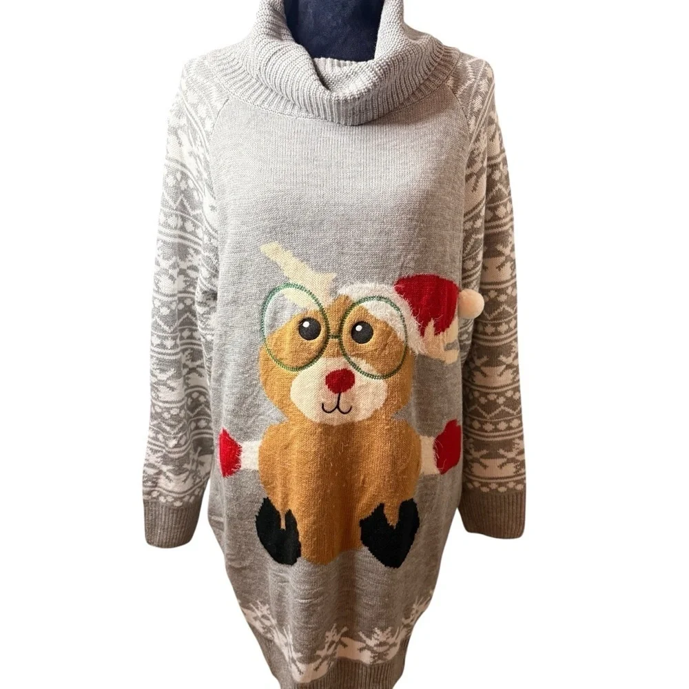 Christmas Gray Reindeer Cowl Neck Sweater with Pockets | Sz L